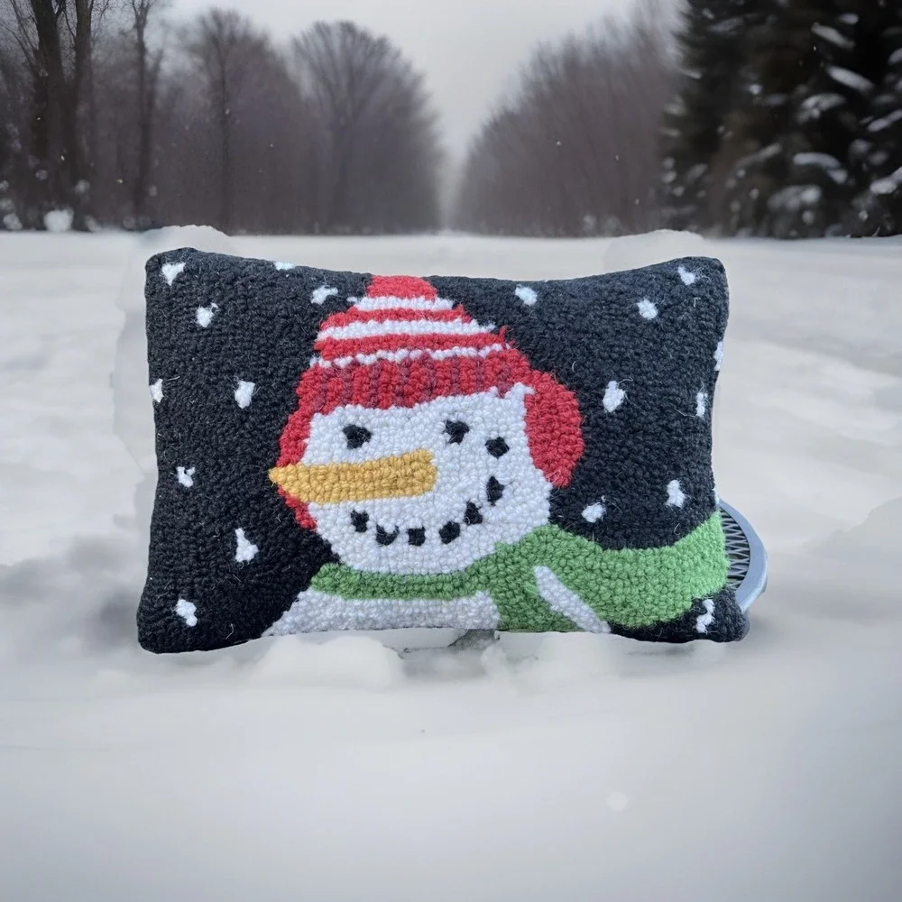 Winter Snowman Throw Pillow Artisan Hand Hooked Wool Black Festive Holiday Decor